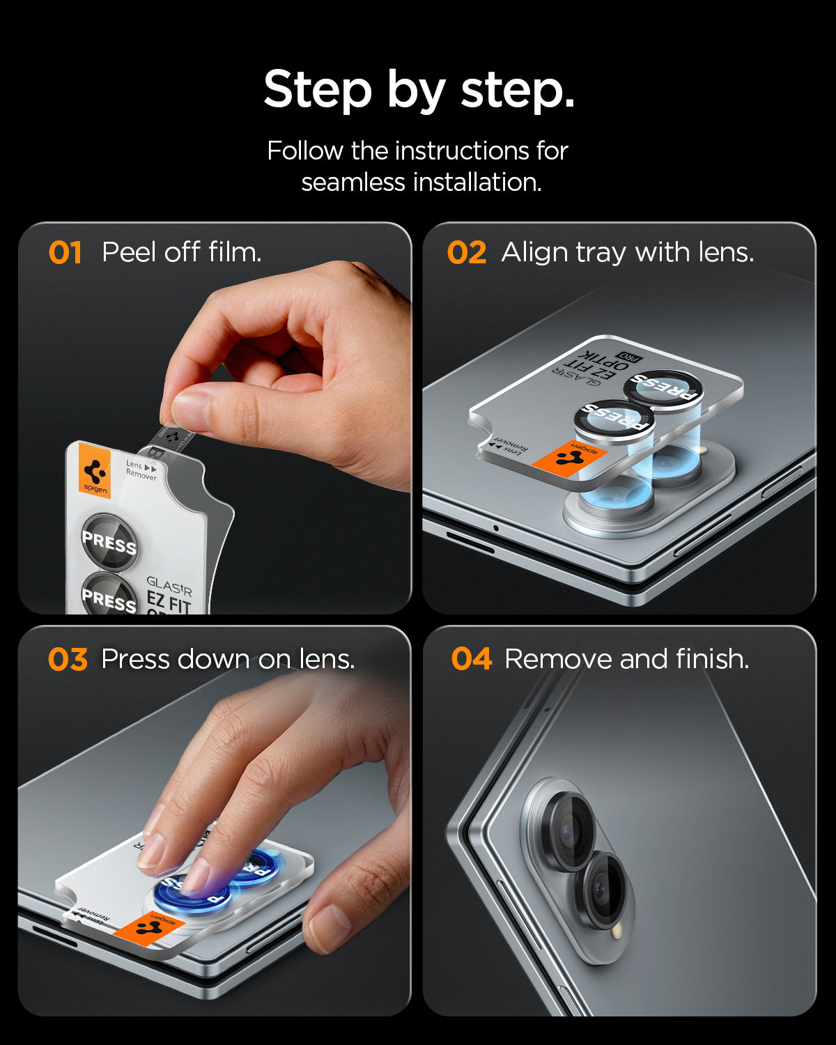 AGL11761 - Galaxy Z Fold 8 Optik Pro EZ Fit showing a four-step guide for peeling, aligning, pressing, and finishing the lens installation