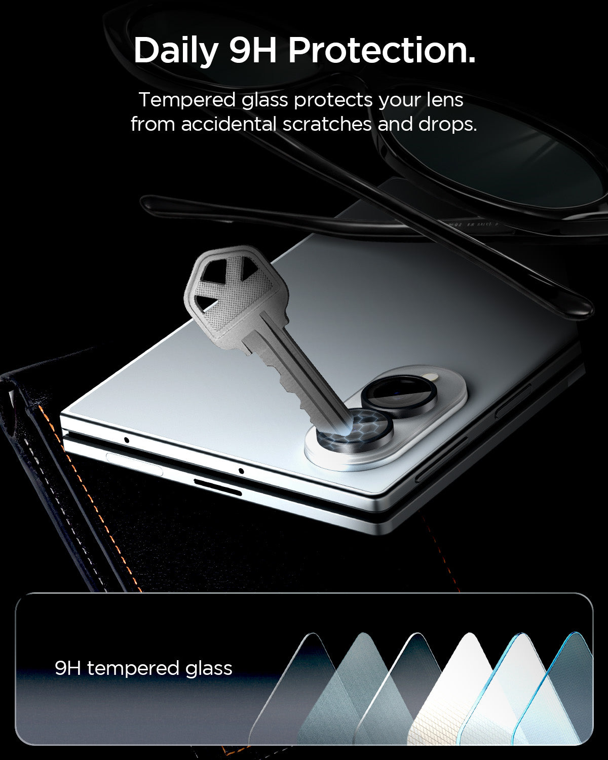 AGL11761 - Galaxy Z Fold 8 Optik Pro EZ Fit showing a key being dragged across the tempered glass to demonstrate scratch resistance