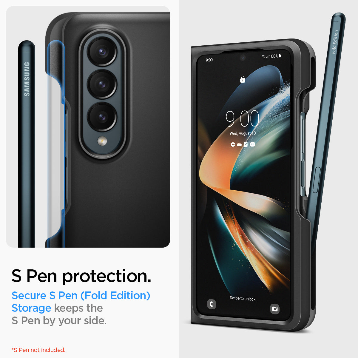 ACS05099 - Galaxy Z Fold 4 Case Thin Fit P in black showing the S Pen protection. Secure S Pen (Fold Edition) Storage keeps the S Pen by your side