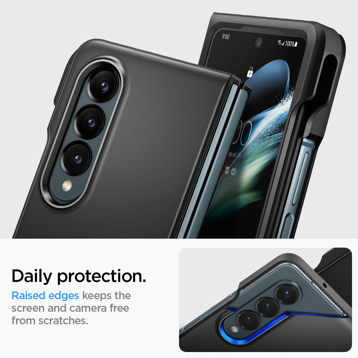 ACS05099 - Galaxy Z Fold 4 Case Thin Fit P in black showing the daily protection. Raised edges keeps the screen and camera free from scratches