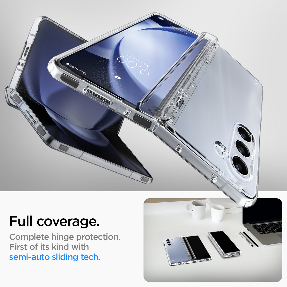 ACS06516 - Galaxy Z Fold 5 Case Thin Fit Pro in crystal clear showing the full coverage. Complete hinge protection. First of its kind with semi-auto sliding tech