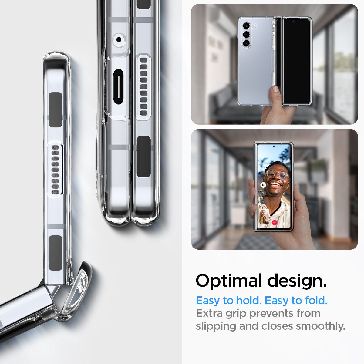 ACS06516 - Galaxy Z Fold 5 Case Thin Fit Pro in crystal clear showing the optimal design. Easy to hold. Easy to fold. Extra grip prevents from slipping and closes smoothly