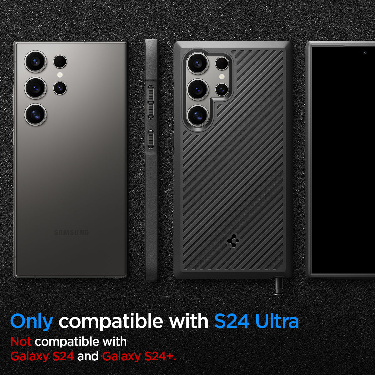 ACS07194 - Galaxy S24 Ultra Case Core Armor in Matte Black showing the compatibility only with S24 Ultra and not compatible with Galaxy S24 and Galaxy S24+
