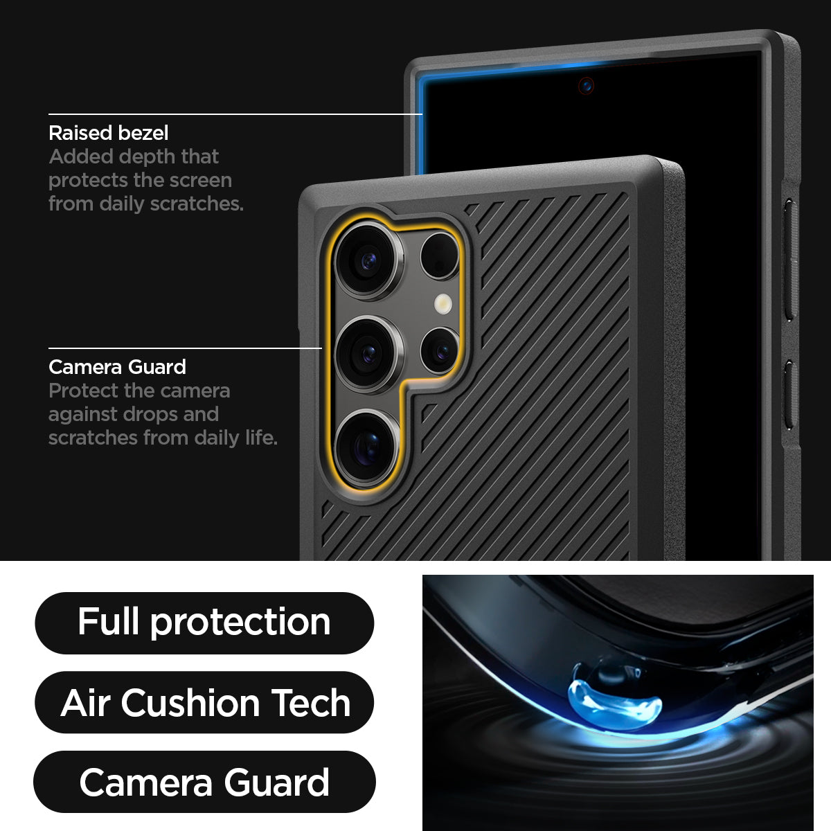 ACS07194 - Galaxy S24 Ultra Case Core Armor in Matte Black showing the full protection, air cushion tech and camera guard. Raised bezel, added depth that protects the screen from daily scratches. Camera Guard, protect the camera against drops and scratches from daily life