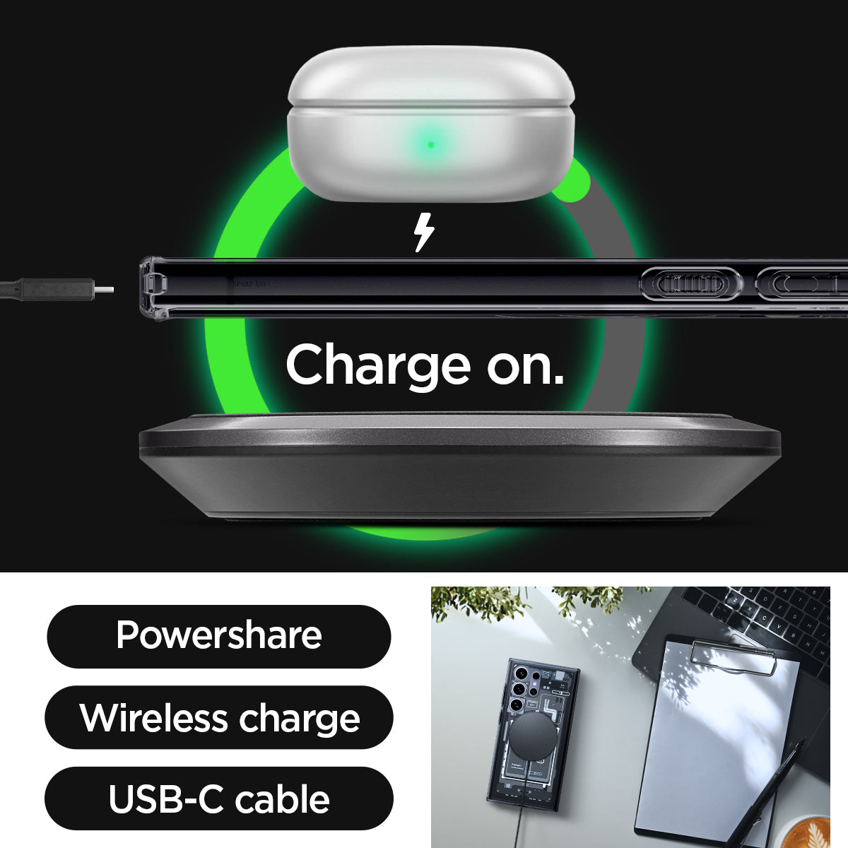 ACS07298 - Galaxy S24 Ultra Case Ultra Hybrid Metal Ring Zero One (MagFit) in Zero One charge on. powershare. wireless charge. USB-C cable.
