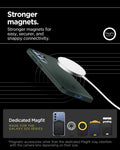 ACS08994 - Galaxy S25 Case Thin Fit (MagFit) in Abyss Green showing the stronger magnets. Stronger magnets for easy, securer, and snappy connectivity. Magnetic accessories other that the dedicated Magfit may interfere with the lens depending on their size
