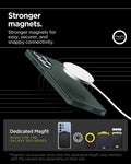 ACS08947 - Galaxy S25 Ultra Case Thin Fit (MagFit) in Abyss Green showing the stronger magnets. Stronger magnets for easy, securer, and snappy connectivity. Magnetic accessories other that the dedicated Magfit may interfere with the lens depending on their size