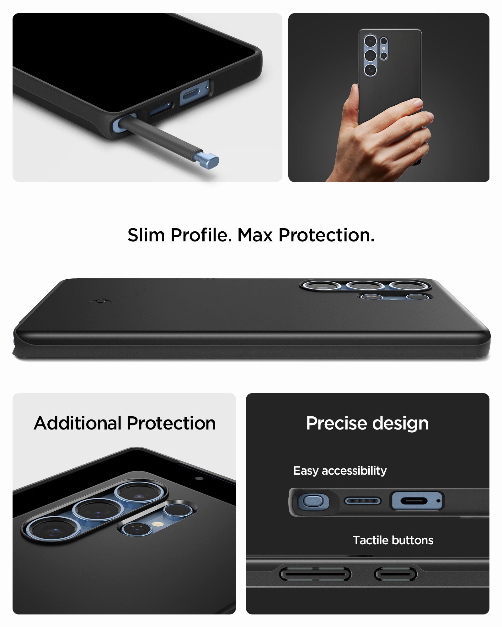 ACS08946 - Galaxy S25 Ultra Case Thin Fit (MagFit) in Black showing the  Slim Profile. Max Protection. Additional Protection. Precise design, easy accessibility and tactile buttons