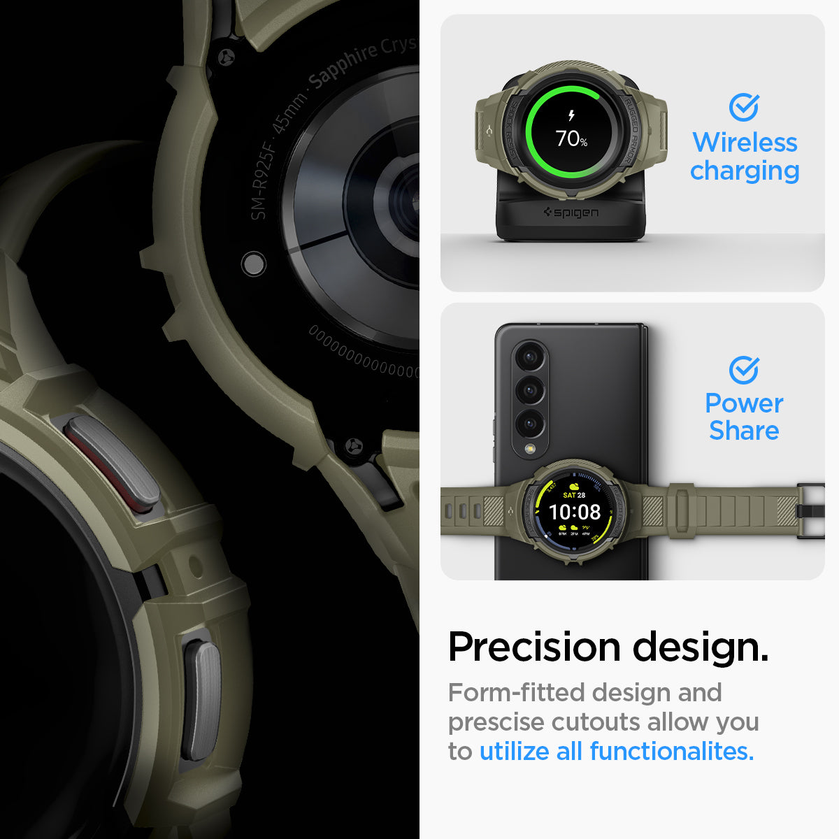 ACS05913 - Galaxy Watch 5 Pro (45mm) Case Rugged Armor Pro in vintage khaki wireless charging. power share. precision design. Form fitted design and precise cutouts allow you to utilize all functionalites.