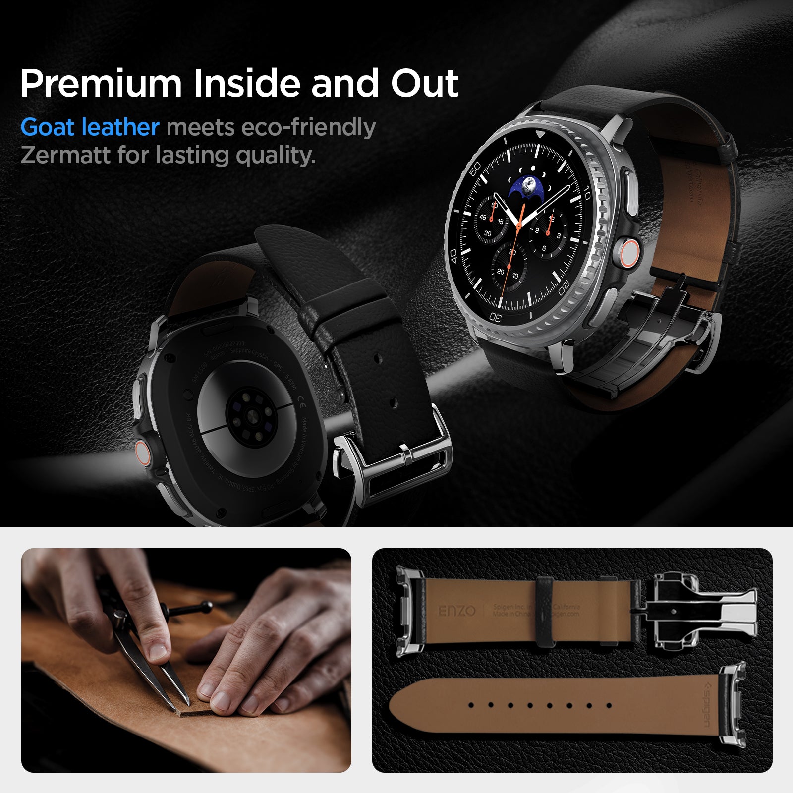 AMP10119 - Galaxy Watch 8 Series Enzo showing premium inside and out. Goat leather meets eco friendly zermatt for lasting quality