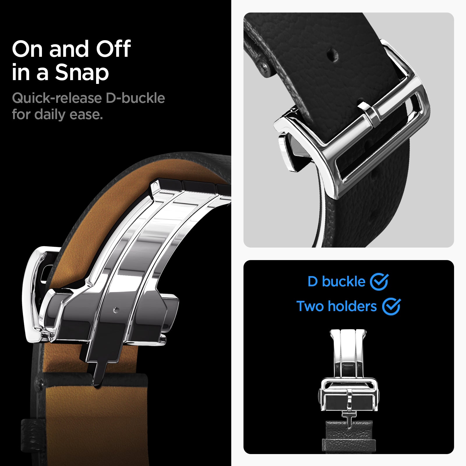 AMP10119 - Galaxy Watch 8 Series Enzo showing on and off in a snap. quick release d buckle for daily ease