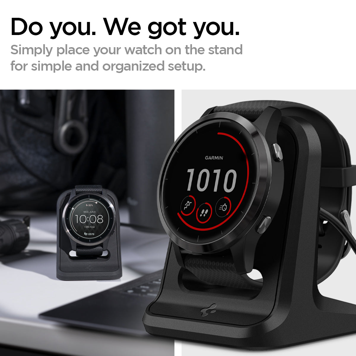 AMP02212 - Garmin Watch Night Stand S390 in black showing the simple place your watch on the stand for simple and organize setup