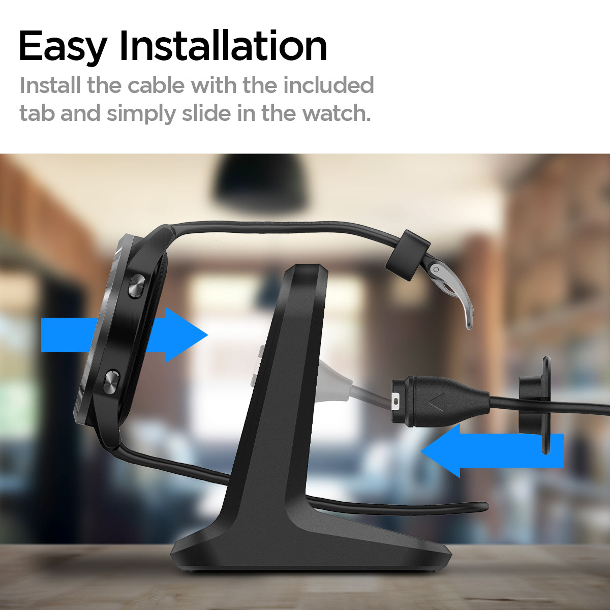 AMP02212 - Garmin Watch Night Stand S390 in black showing the easy installation. Install the cable with the included tab and simply slide in the watch
