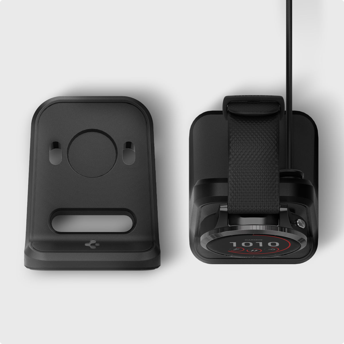 AMP02212 - Garmin Watch Night Stand S390 in black showing the top with and without apple watch attached to charge