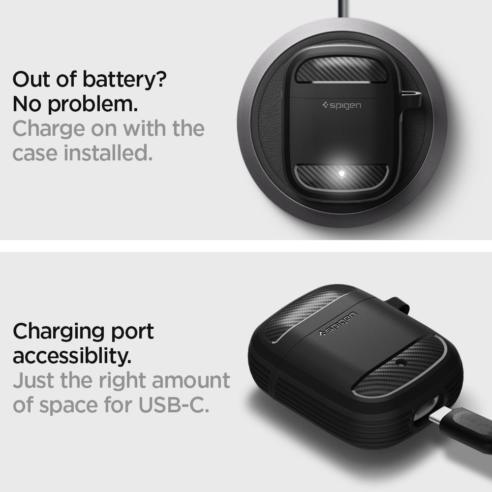 ASD01344 - Pixel Buds 2 Case Rugged Armor in black out of battery? no problem. charge on with the case installed. charging port accessiblity. just the right amount of space for USB-C.
