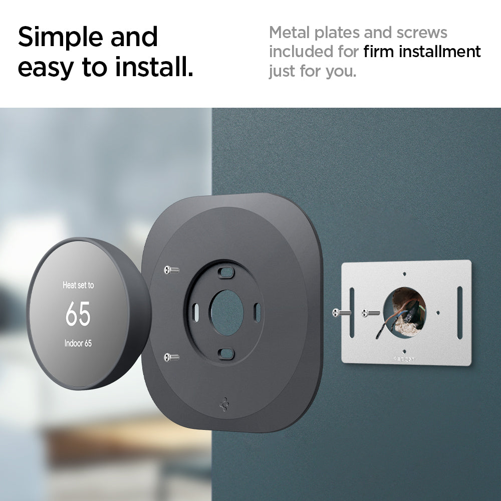 AHP02762 - Google Nest Thermostat Wall Plate in charcoal showing the simple and easy installation. metal plates and screw included for firm installment just for you