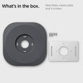 AHP02762 - Google Nest Thermostat Wall Plate in charcoal showing what's in the box. Wall Plate, metal plate and 4 screws