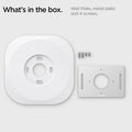 AHP02763 - Google Nest Thermostat Wall Plate in white showing the what's in the box. Wall Plate, metal plate and 4 screws