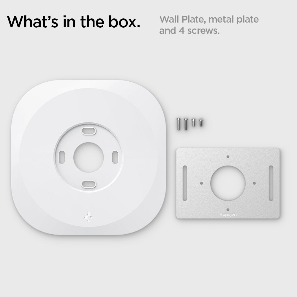 AHP02763 - Google Nest Thermostat Wall Plate in white showing the what's in the box. Wall Plate, metal plate and 4 screws