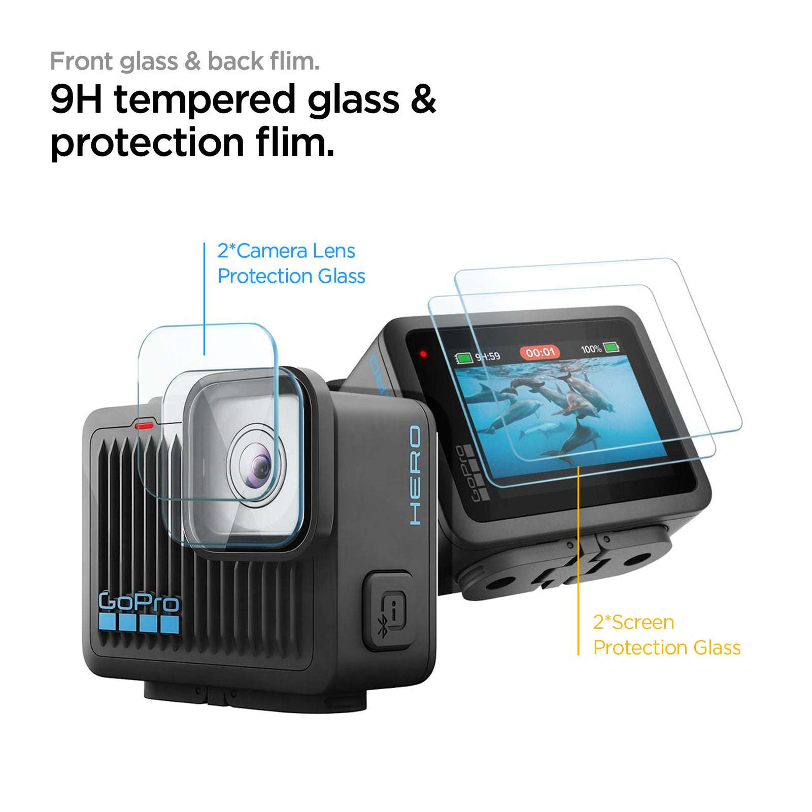 AGL09190 - HERO Glas.tR SLIM in Clear showing the front glass & back film. 2 camera lens protection glass | 2 screen protection glass