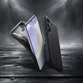 ACS07201 - Galaxy S24 Plus Case Core Armor in Matte Black showing the back, partial side and bottom of the device facing another device showing front, partial inner of the case while being peeled off halfway