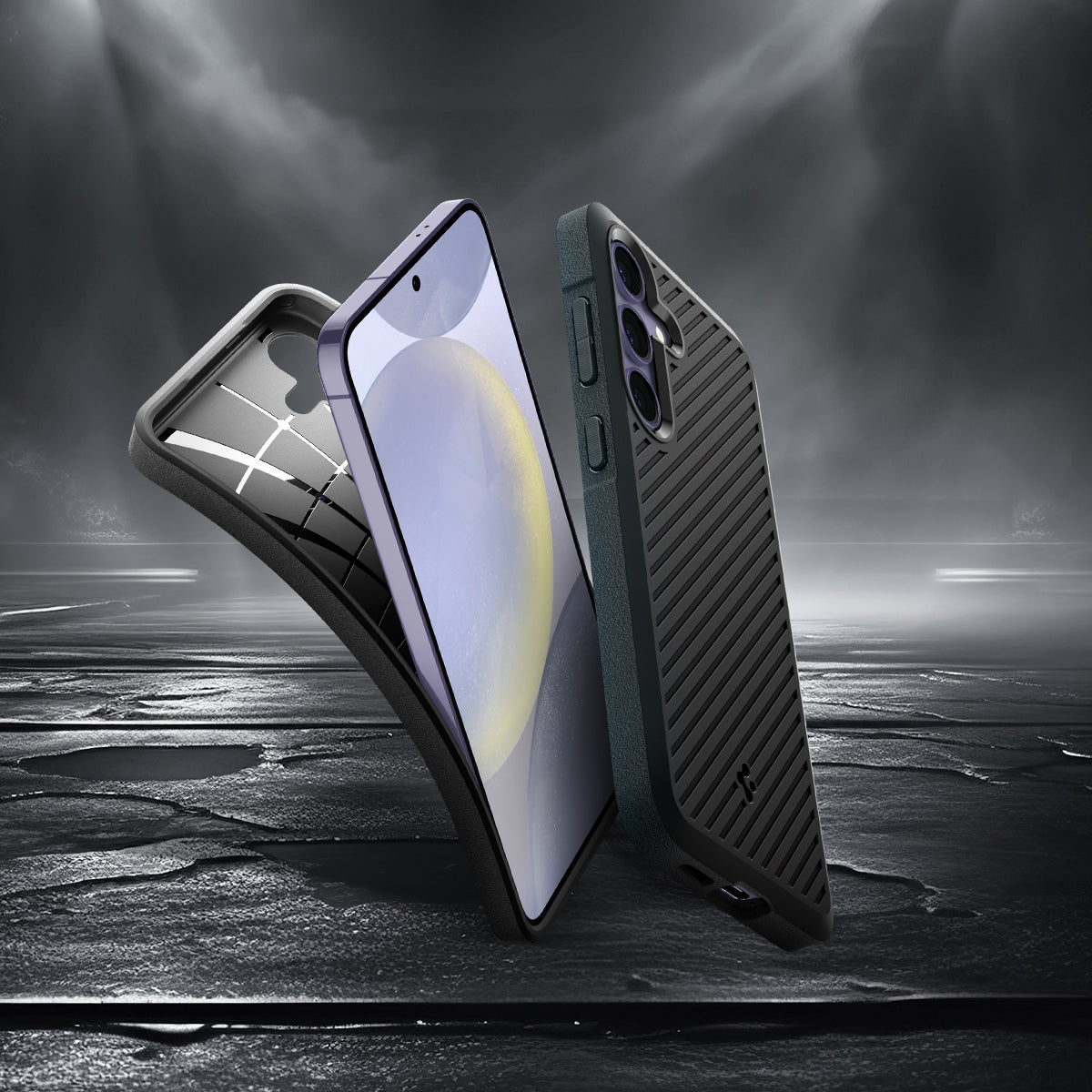 ACS07201 - Galaxy S24 Plus Case Core Armor in Matte Black showing the back, partial side and bottom of the device facing another device showing front, partial inner of the case while being peeled off halfway