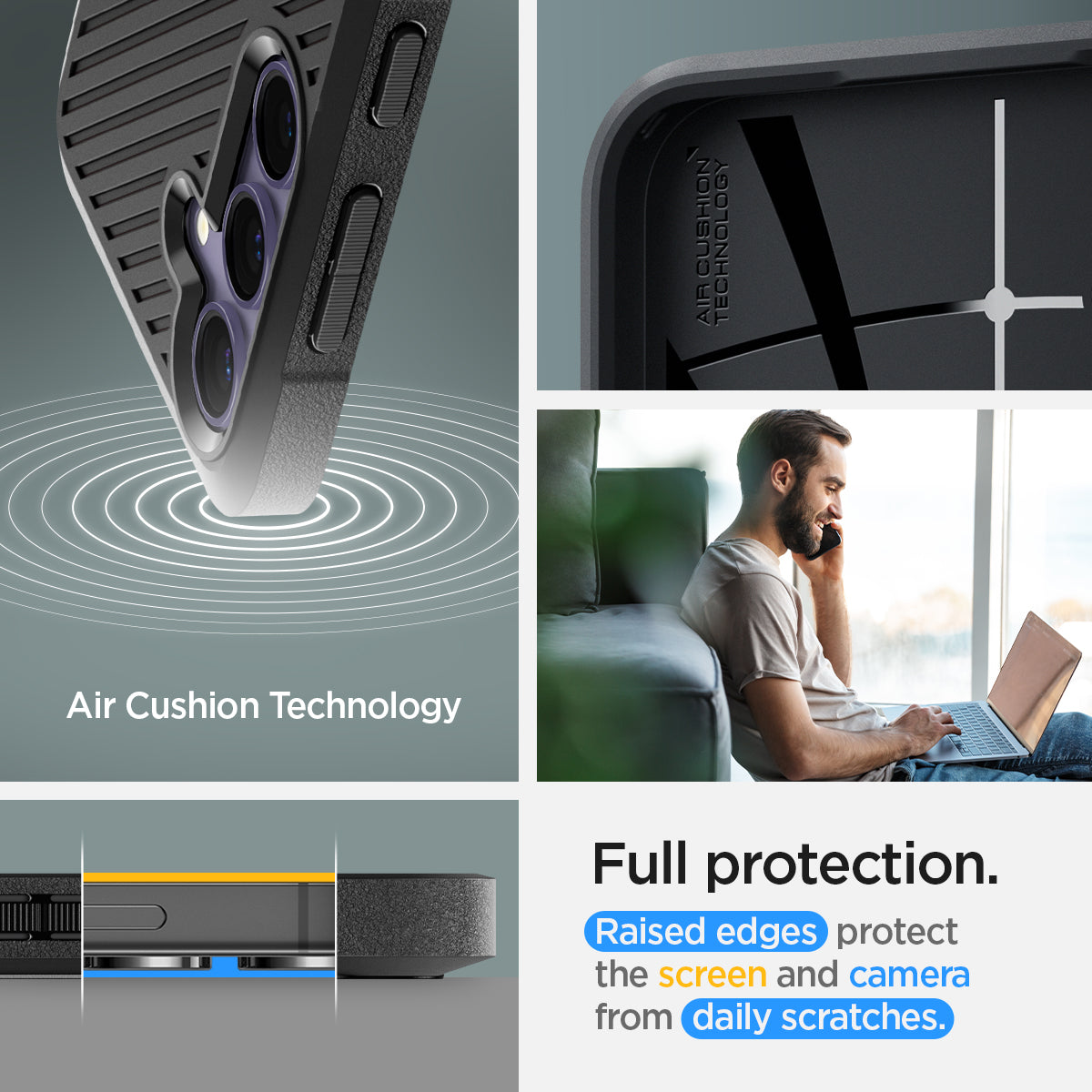 ACS07201 - Galaxy S24 Plus Case Core Armor in Matte Black showing the Air Cushion Technology. Full protection. Raised edges protect the screen and camera from daily scratches