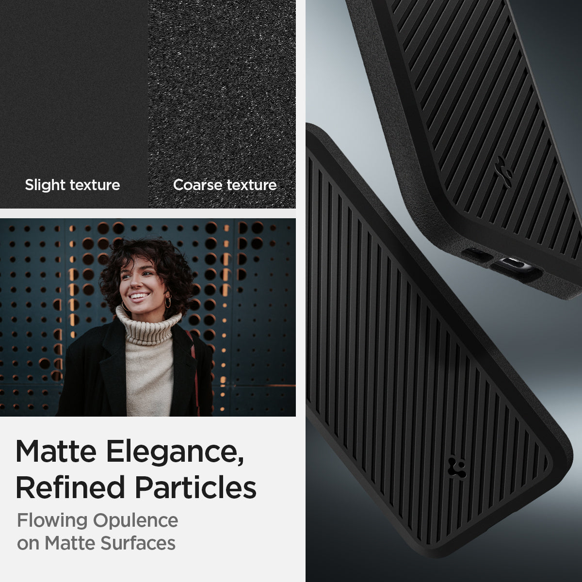 ACS07201 - Galaxy S24 Plus Case Core Armor in Matte Black showing the matte elegance, refined particles. Flowing opulence on matte surfaces. Slight texture and Coarse texture