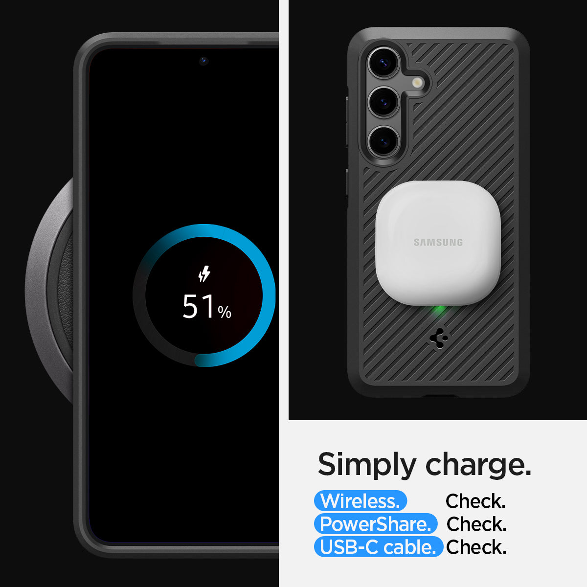 ACS07201 - Galaxy S24 Plus Case Core Armor in Matte Black showing the simply charge. Wireless, PowerShare and USB-C cable