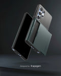 ACS08968 - Galaxy S25 Ultra Case Slim Armor CS in Abyss Green showing the back, slider partially open hovering in front of another device showing partial front, side and bottom