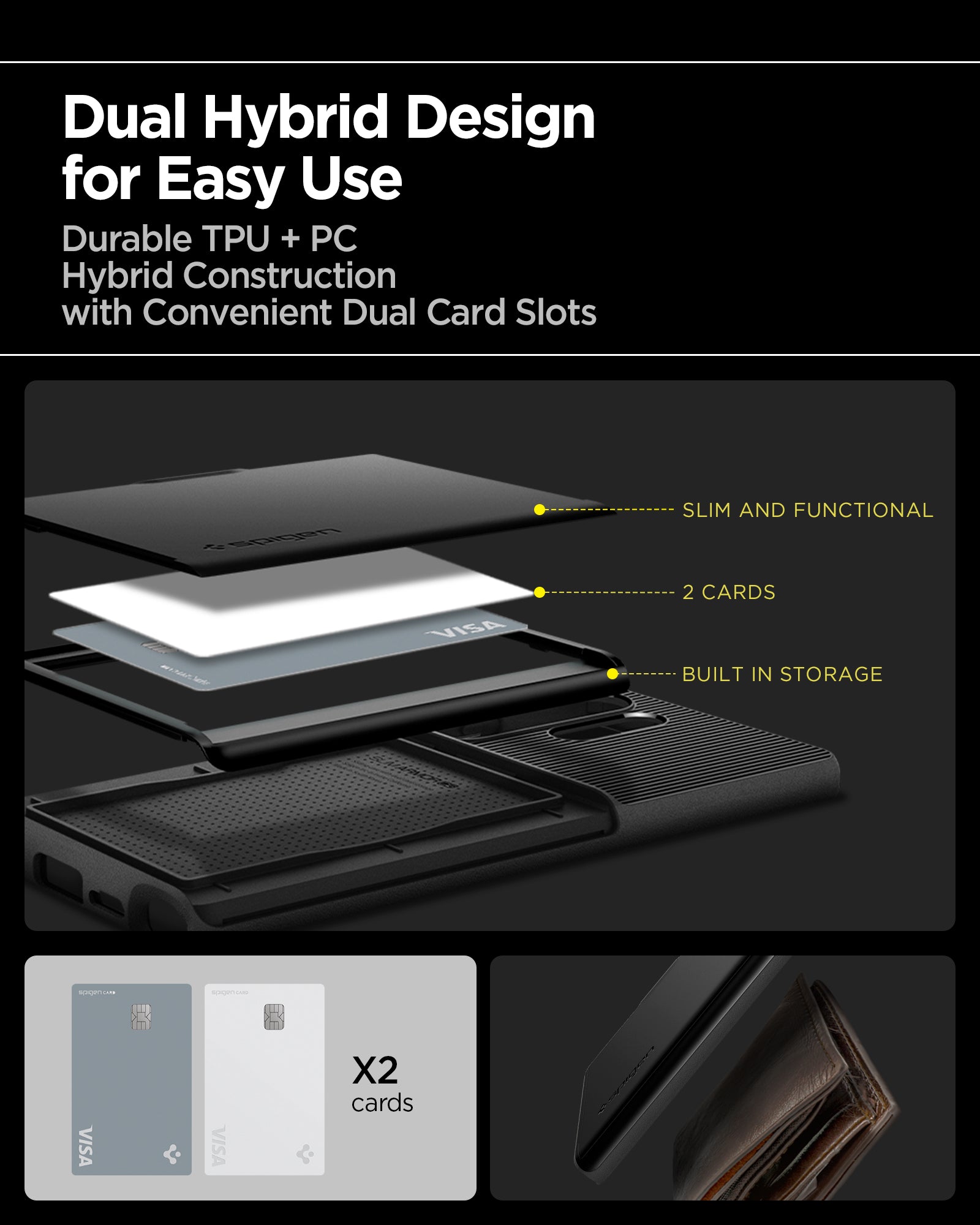 ACS08967 - Galaxy S25 Ultra Case Slim Armor CS in Black showing the dual hybrid design for easy use. Durable TPU + PC Hybrid Construction with convenient dual card slots. Slim and functional, 2 cards and built-in storage