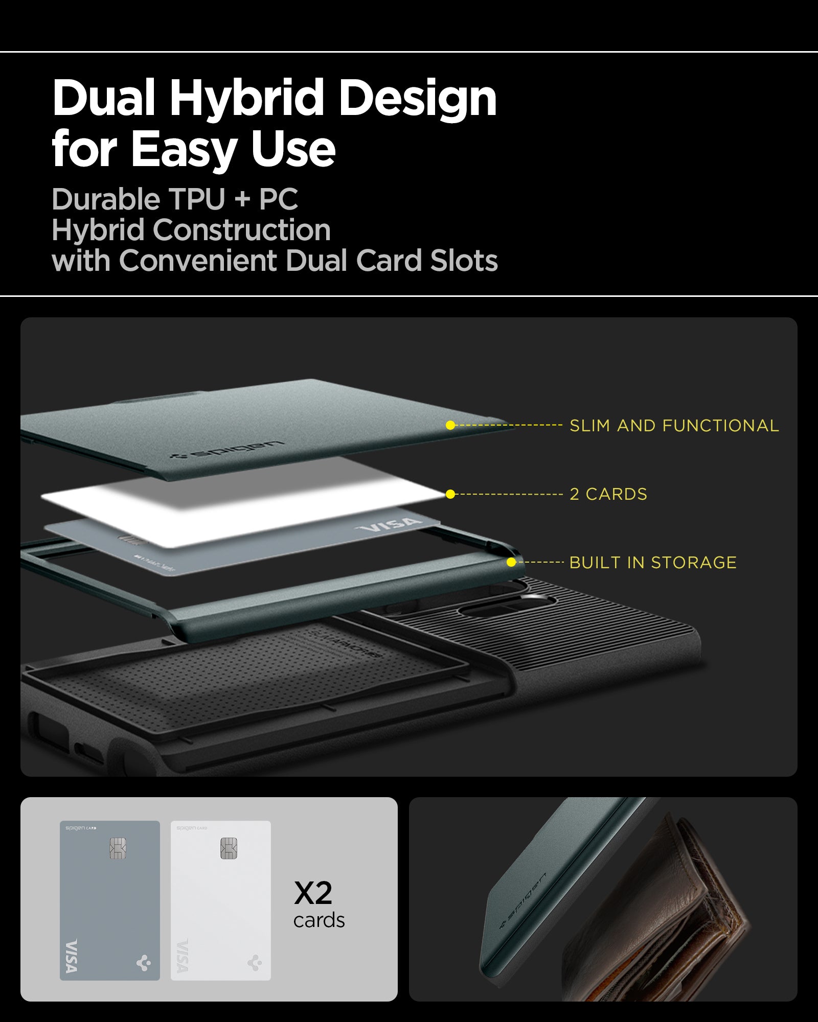 ACS08968 - Galaxy S25 Ultra Case Slim Armor CS in Abyss Green showing the dual hybrid design for easy use. Durable TPU + PC Hybrid Construction with convenient dual card slots. Slim and functional, 2 cards and built-in storage