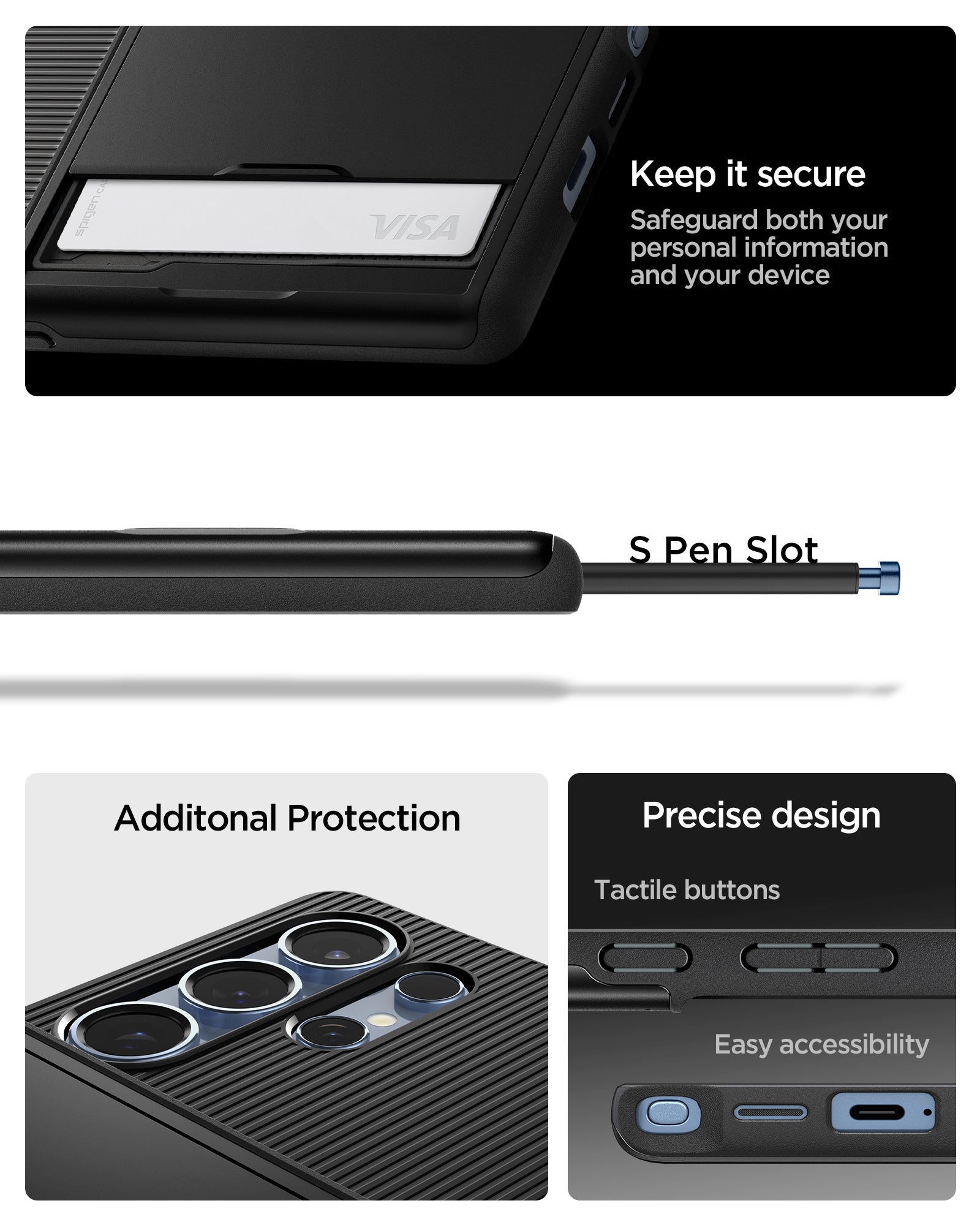ACS08967 - Galaxy S25 Ultra Case Slim Armor CS in Black showing how to keep it secure. Safeguard both your personal information and your device with S Pen Slot. Additional protection and precise design 