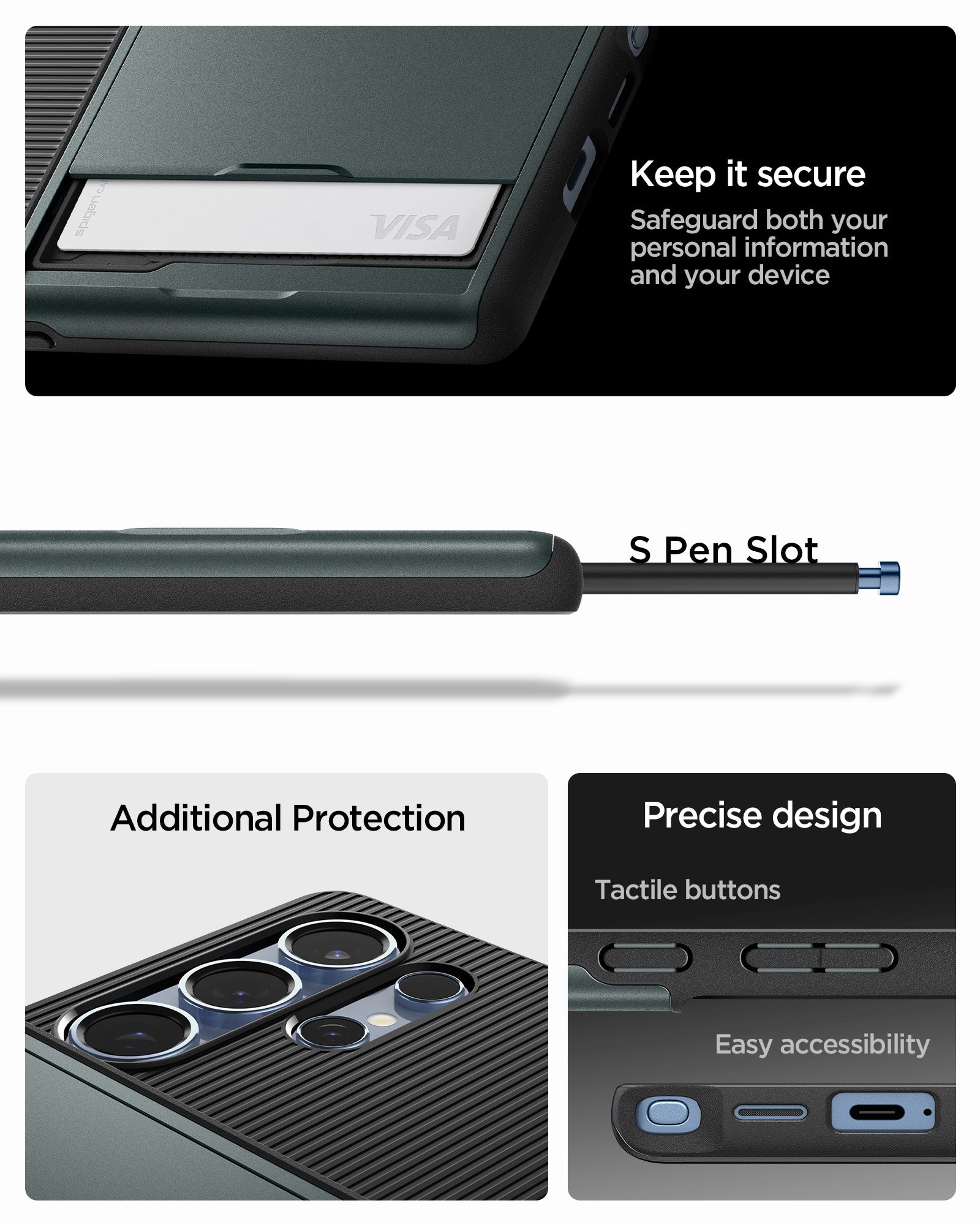 ACS08968 - Galaxy S25 Ultra Case Slim Armor CS in Abyss Green showing how to keep it secure. Safeguard both your personal information and your device with S Pen Slot. Additional protection and precise design 