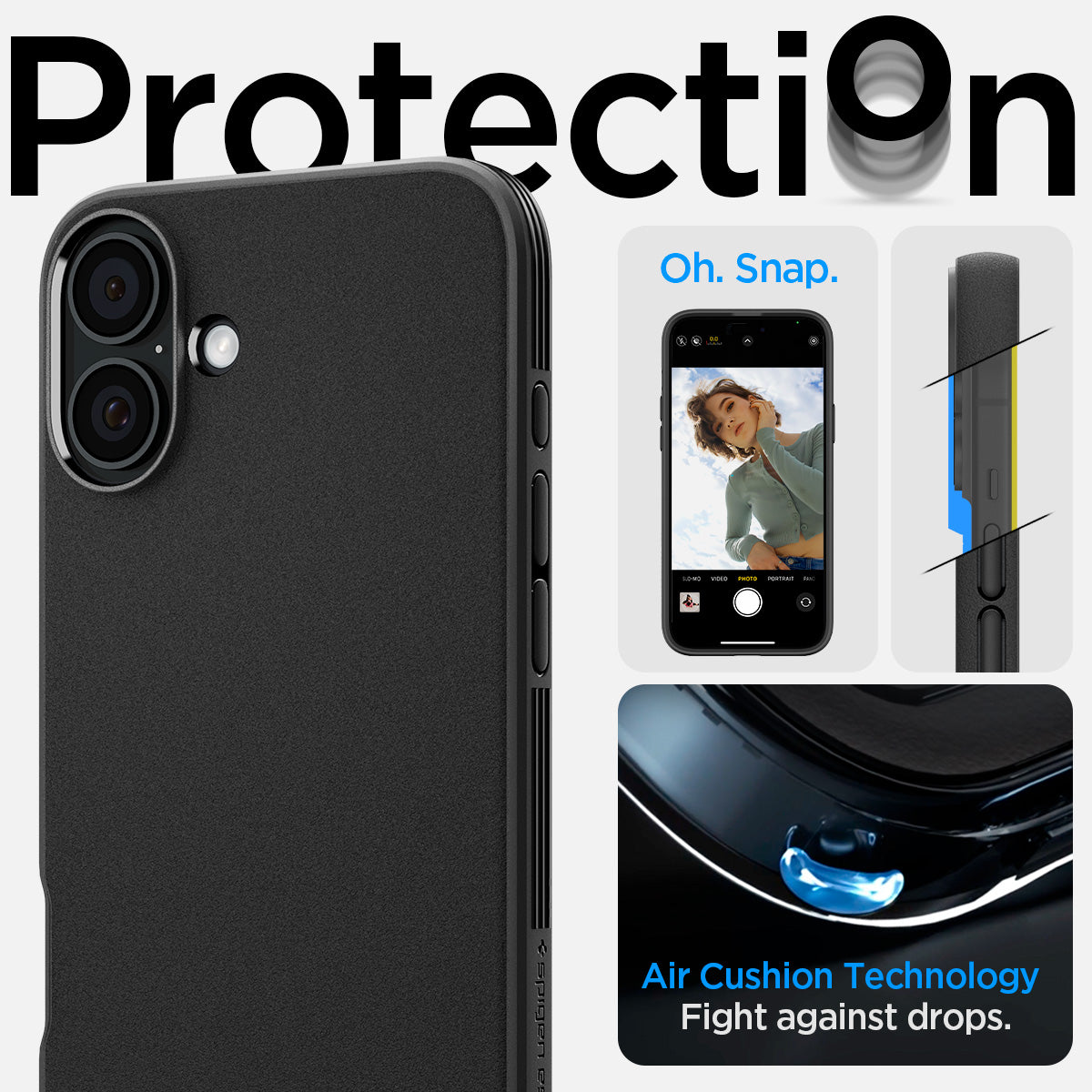 ACS08219 - iPhone 16 Sand Blast in Matte Black showing protection. air cushion technology