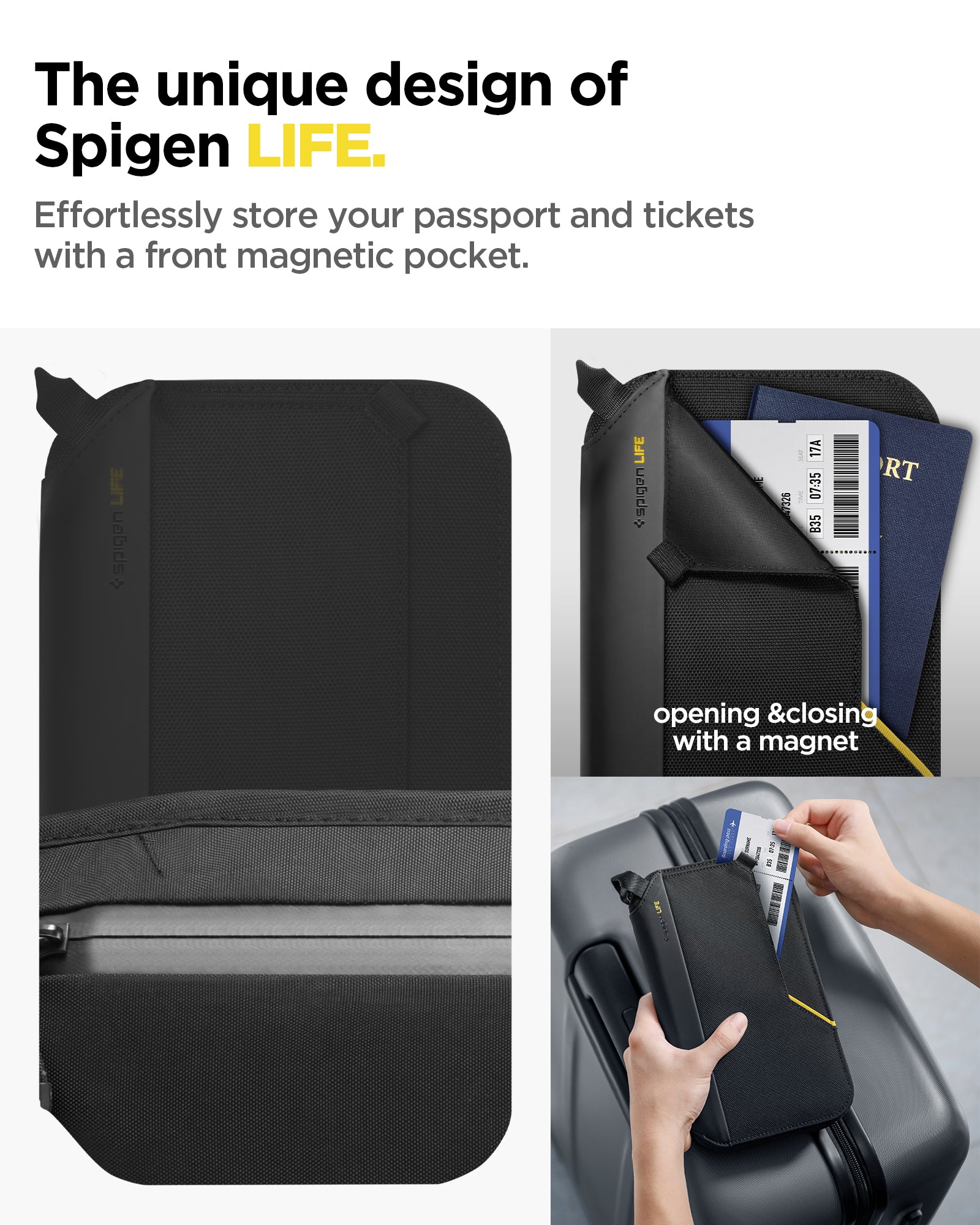 AFA07574 - Klasden Passport Organizer KD500 in Black showing the effortlessly store your passport and tickets with a front magnetic pocket