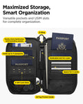 AFA07574 - Klasden Passport Organizer KD500 in Black showing maximized storage, smart organization, versatile pockets and USIM slots for complete organization.  Store banknotes and boarding passes, hold upto 4 passports, 4 SIM card slots, D-Ring, Dedicated slot for a pen, space for 4 cards and AirTag pocket inside
