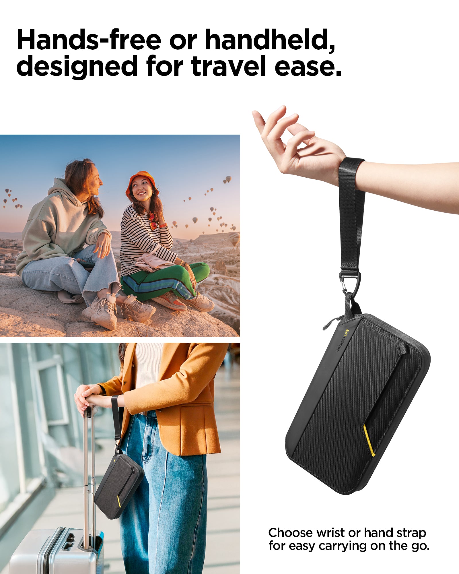 AFA07574 - Klasden Passport Organizer KD500 in Black showing the hands-free or handheld, designed for travel ease, choose wrist or hand strap for easy carrying on the go
