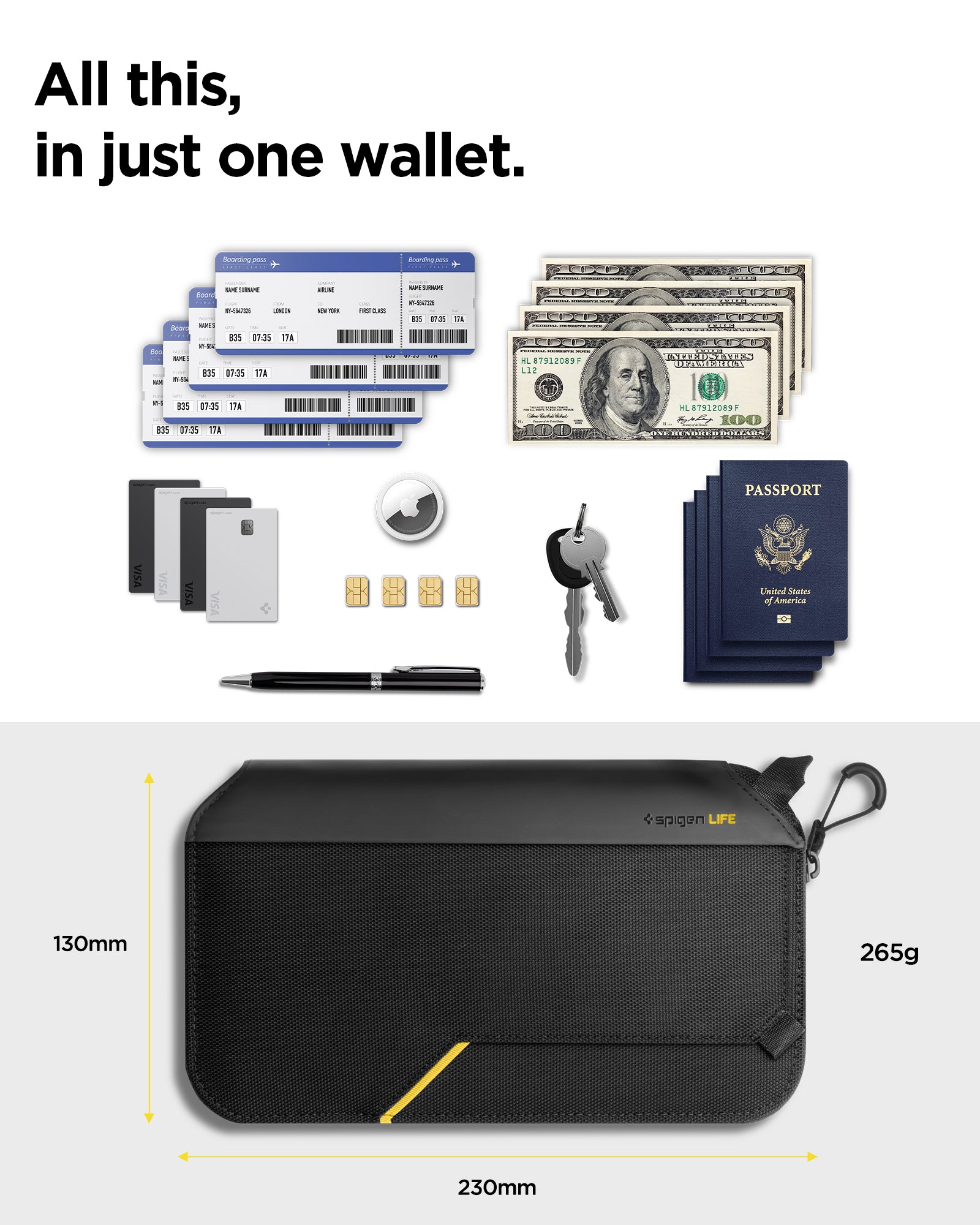 AFA07574 - Klasden Passport Organizer KD500 in Black showing all this, in just one wallet, size 130mm x 230mm - 265g