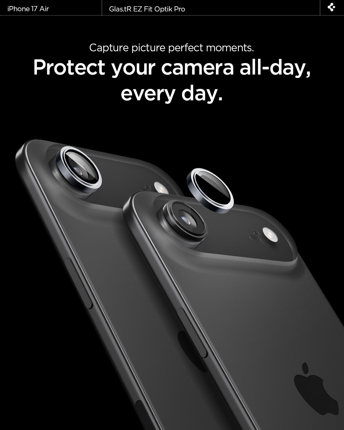 AGL10130 - iPhone 17 Air Optik Pro EZ Fit Lens Protector showing the high aluminosilicate. Tempered glass protects your lens.