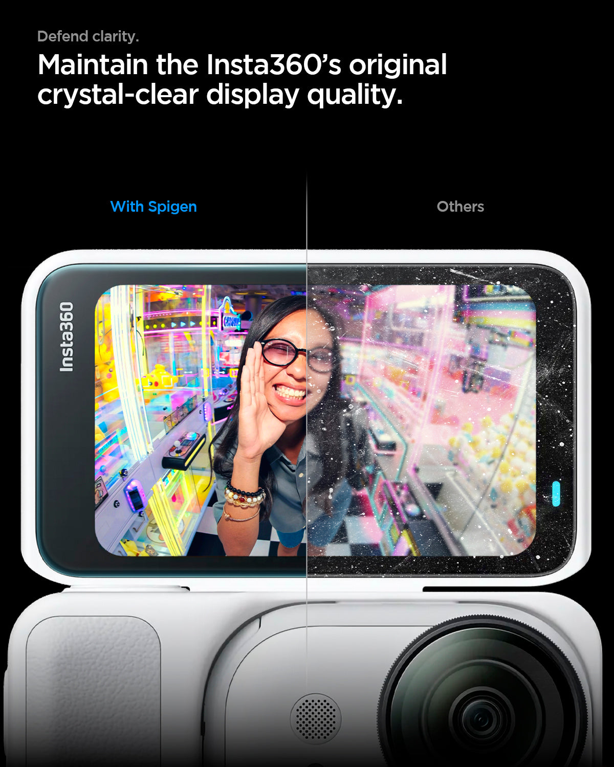 AGL11171 - Insta360 Go Ultra Glas.tR SLIM showing defend clarity. maintain the insta360's original crystal clear display quality