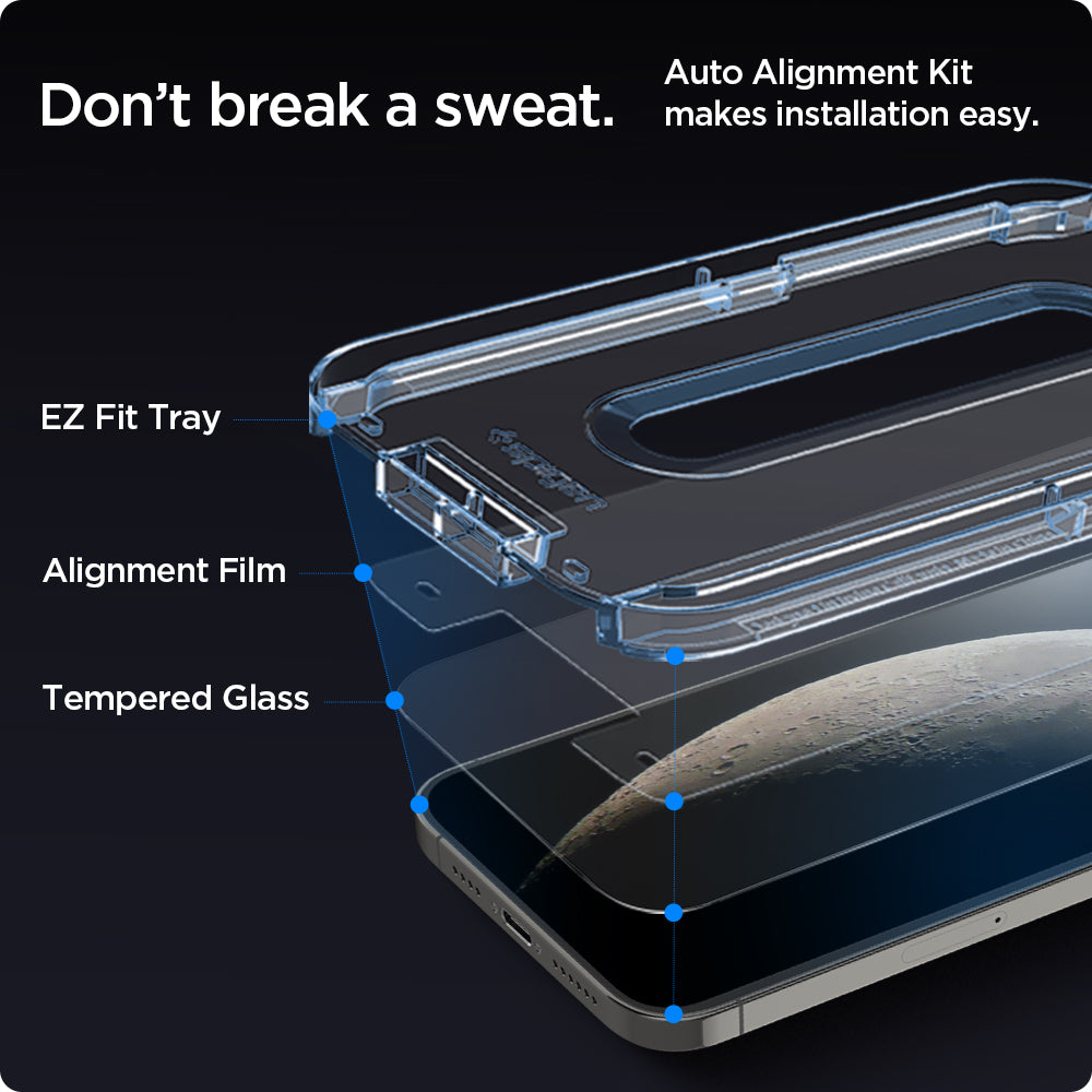AGL01801 - iPhone 12 / iPhone 12 Pro Screen Protector EZ FIT GLAS.tR SLIM showing the Auto Alignment Kit, make installation easy. EZ Fit Tray, Alignment Film and Tempered Glass