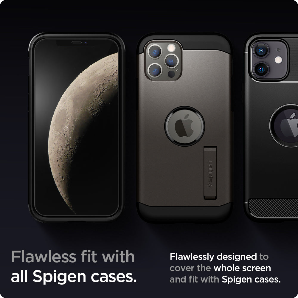 AGL01801 - iPhone 12 / iPhone 12 Pro Screen Protector EZ FIT GLAS.tR SLIM showing the flawless fit with all Spigen cases. Flawlessly designed to cover the whole screen and fit with Spigen cases