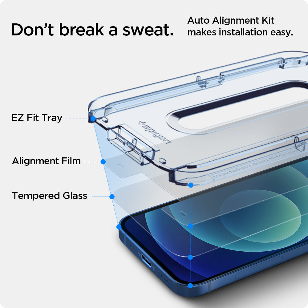 AGL01811 - iPhone 12 Mini Screen Protector EZ FIT GLAS.tR SLIM showing the Auto Alignment Kit, make installation easy. EZ Fit Tray, Alignment Film and Tempered Glass