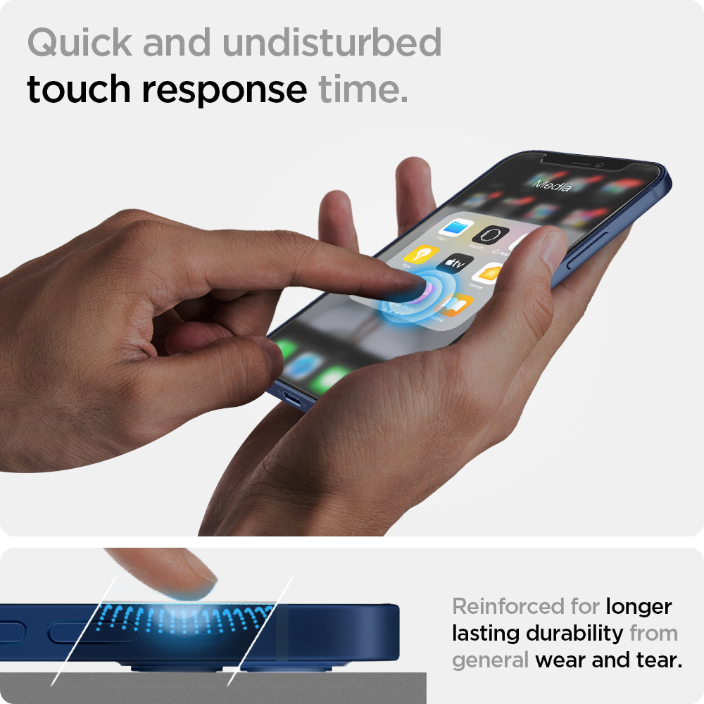 AGL01811 - iPhone 12 Mini Screen Protector EZ FIT GLAS.tR SLIM showing the quick and undisturbed touch response time. Reinforced for longer lasting durability from general wear and tear