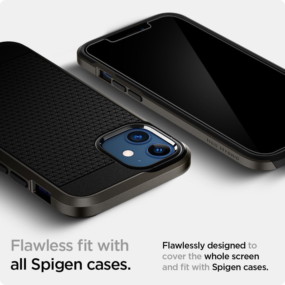 AGL01811 - iPhone 12 Mini Screen Protector EZ FIT GLAS.tR SLIM showing the flawless fit with all Spigen cases. Flawlessly designed to cover the whole screen and fit with Spigen cases