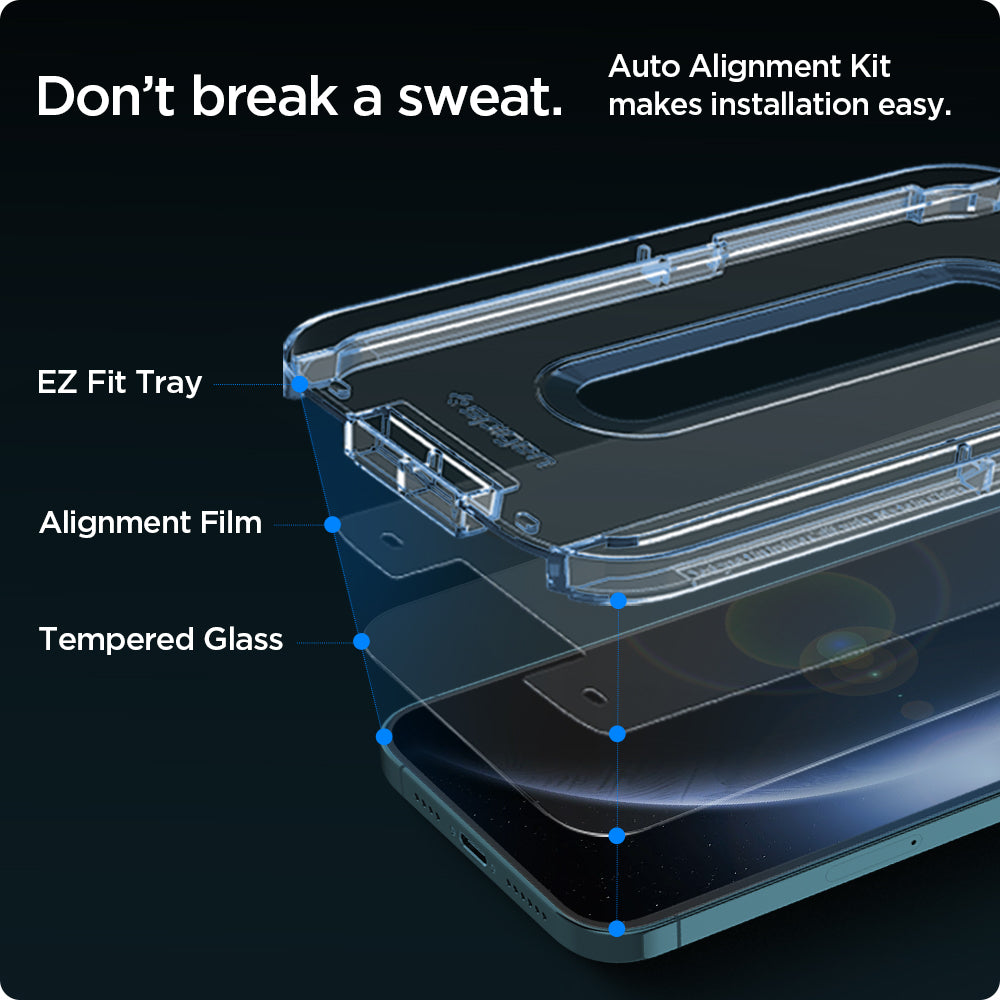 AGL01791 - iPhone 12 Pro Max Screen Protector EZ FIT GLAS.tR SLIM showing the Auto Alignment Kit, make installation easy. EZ Fit Tray, Alignment Film and Tempered Glass