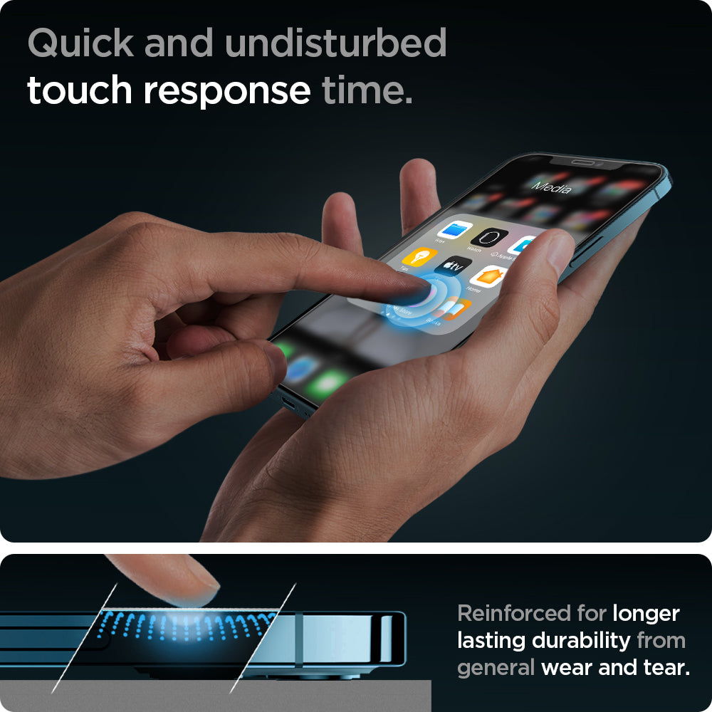 AGL01791 - iPhone 12 Pro Max Screen Protector EZ FIT GLAS.tR SLIM showing the quick and undisturbed touch response time. Reinforced for longer lasting durability from general wear and tear