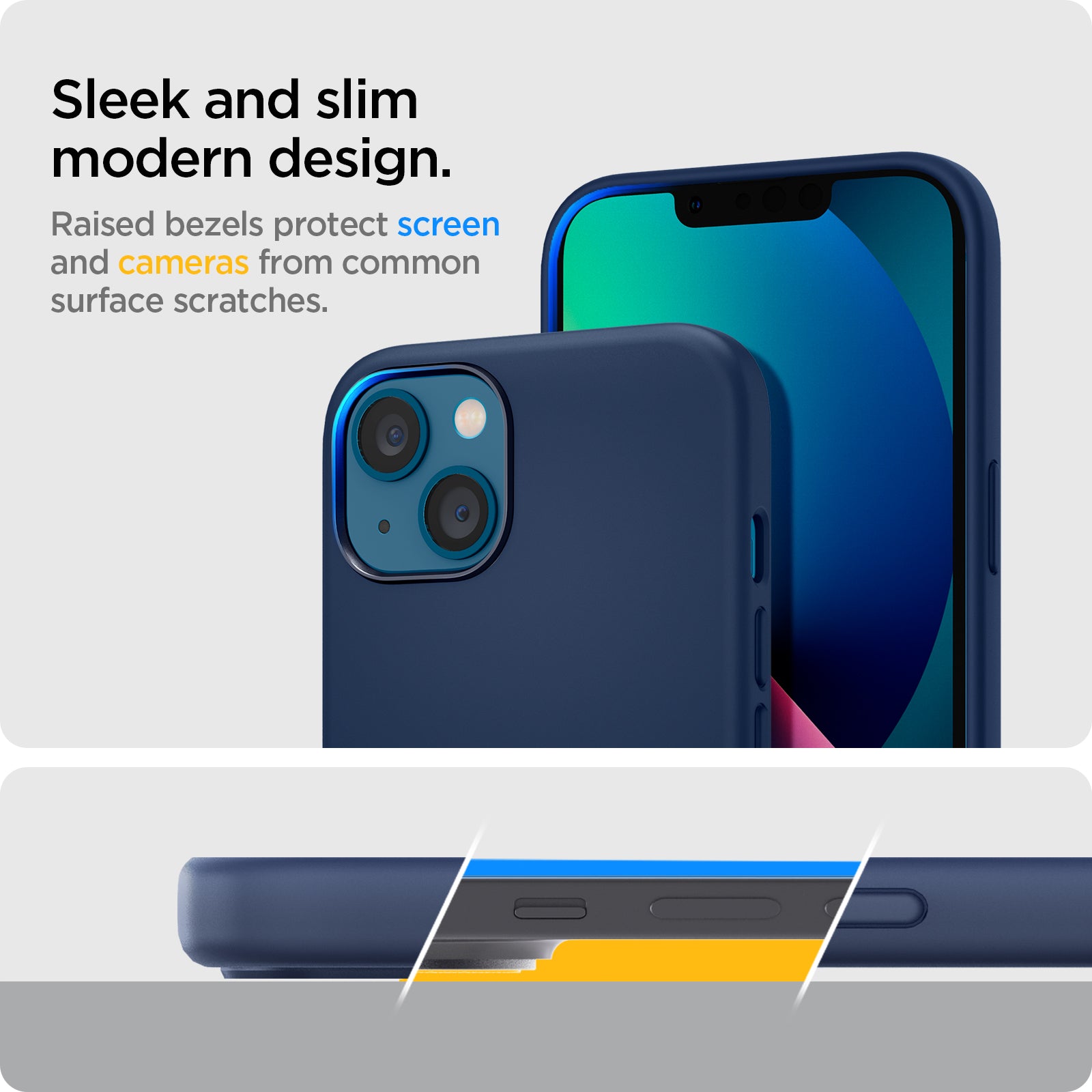 ACS03341 - iPhone 13 Mini Case Silicone Fit in navy blue showing the sleek and slim modern design. Raised  bezels protect screen and cameras from common surface scratches