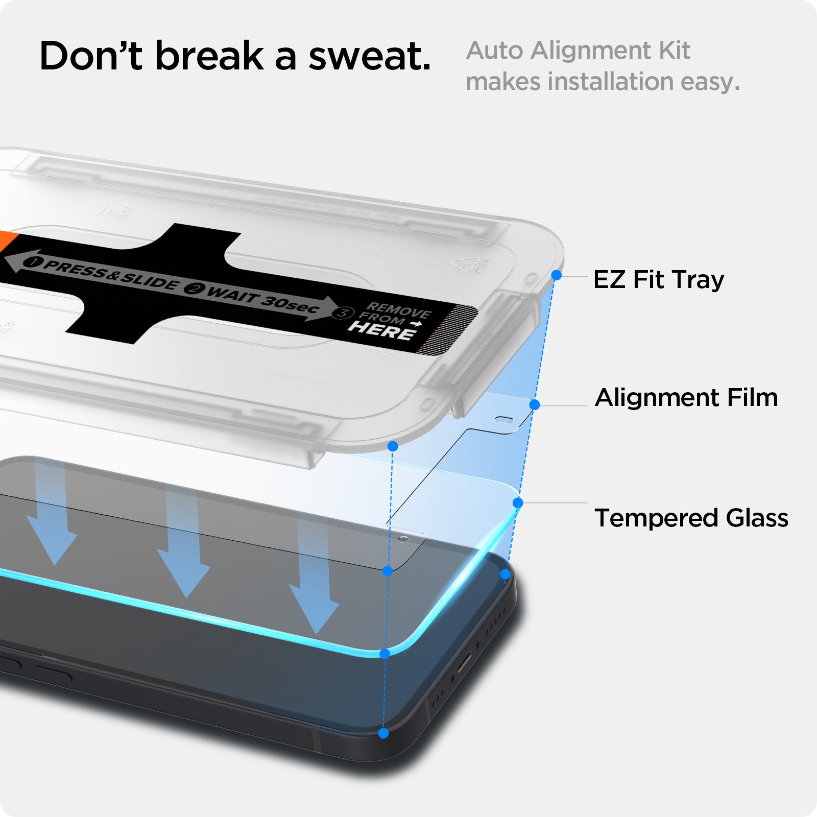 AGL03386 - iPhone 13 / 13 Pro Screen Protector EZ FIT GLAS.tR (Sensor Protection) showing the auto alignment kit makes installation easy. EZ Fit Tray, Alignment Film and Tempered Glass